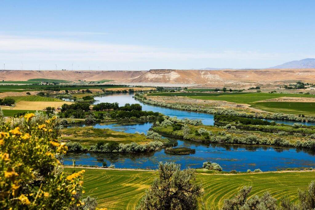 A view of a the Snake River running through a green landscape at Three Island Crossing State Park.